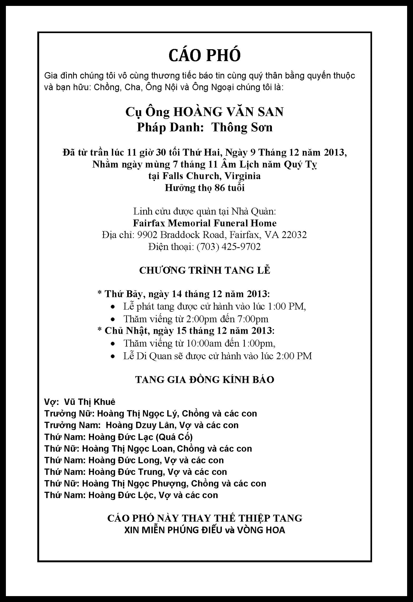 Cáo Phó và chương trình tang lễ Ông Hoàng Văn San NHÀ VIỆT NAM